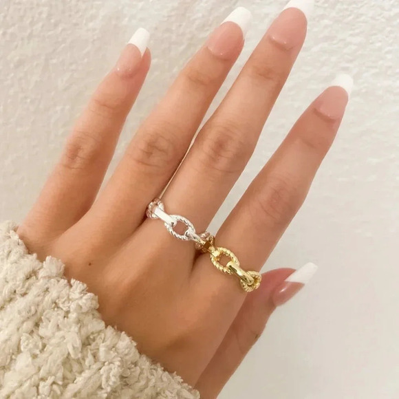 925 Sterling Silver Curb Chain Ring Chain Link Ring Stackable Minimalist Ring - Picture 6 of 9